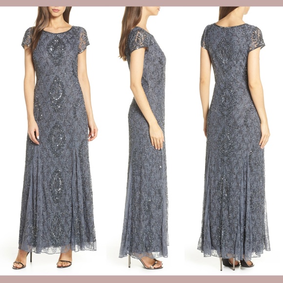 NWT Pisarro Nights Cap Sleeve Beaded Lace Gown in Slate [Petite SZ 6P ]‎ #